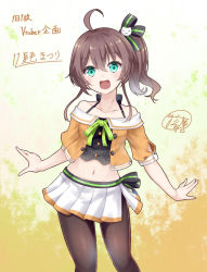 Rule 34 | 1girl, ahoge, aqua eyes, black camisole, black ribbon, brown hair, camisole, cat hair ornament, commentary request, cowboy shot, crop top, cropped jacket, green ribbon, hair between eyes, hair ornament, hair ribbon, halterneck, hololive, hoshibana anima, jacket, looking at viewer, medium hair, miniskirt, natsuiro matsuri, natsuiro matsuri (1st costume), navel, neck ribbon, off-shoulder jacket, off shoulder, open mouth, orange jacket, outstretched arms, pantyhose, pinstripe camisole, pinstripe pattern, pleated skirt, ribbon, round teeth, short sleeves, side ponytail, side slit, skirt, smile, solo, spaghetti strap, striped, teeth, virtual youtuber, white skirt