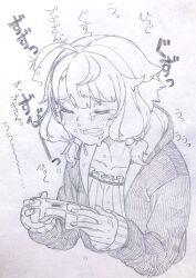 Rule 34 | 1girl, ahoge, blush, closed eyes, collarbone, commentary, controller, cropped torso, crying, dress, frown, furrowed brow, game controller, graphite (medium), greyscale, highres, holding, holding controller, holding game controller, hood, hood down, hoodie, long sleeves, monochrome, open clothes, open hoodie, open mouth, ribbed dress, short hair, sidelocks, simple background, solo, toriniku29, traditional media, translation request, upper body, vocaloid, voiceroid, yuzuki yukari