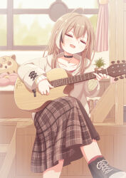 Rule 34 | 1girl, absurdres, acoustic guitar, brown footwear, brown hair, brown skirt, brown sweater, crossed legs, curtains, guitar, highres, holding, holding instrument, holocouncil, hololive, hololive english, hootsie (nanashi mumei), indoors, instrument, kiwami133, long hair, long sleeves, multicolored hair, music, nanashi mumei, nanashi mumei (casual), open mouth, playing instrument, signature, singing, sitting, skirt, solo, streaked hair, sweater, virtual youtuber, window
