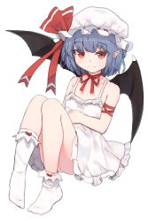 Rule 34 | 1girl, adapted costume, armband, bare arms, bare shoulders, bat wings, blue hair, bobby socks, choker, closed mouth, collarbone, dress, eyebrows, eyelashes, flat chest, frilled dress, frilled hat, frills, hat, hat ornament, hat ribbon, highres, legs together, looking at viewer, mob cap, pointy ears, red eyes, red ribbon, remilia scarlet, ribbon, ribbon choker, shone, short hair, simple background, sitting, sleeveless, sleeveless dress, socks, solo, sundress, touhou, tsurime, white background, white hat, white socks, wings