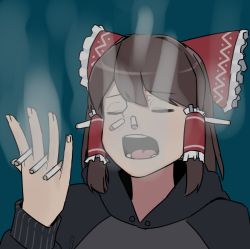 Rule 34 | 1girl, bad id, bad twitter id, between fingers, black hoodie, bow, brown hair, cigarette, closed eyes, commentary request, cookie (touhou), frilled bow, frilled hair tubes, frills, hair bow, hair tubes, hakurei reimu, holding, hood, hoodie, maru (cookie), ohasi, open mouth, red bow, short hair, simple background, smoke, smoking, solo, too many, touhou, upper body, you&#039;re doing it wrong