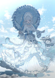 Rule 34 | 1girl, artist name, blue eyes, blue hat, blue sky, blue theme, bonnet, breasts, cleavage cutout, clothing cutout, cloud, commentary request, cup, demizu posuka, dress, grey hat, grey jacket, hat, highres, holding, holding teapot, holding tray, jacket, layered dress, long sleeves, looking at viewer, medium breasts, original, outdoors, parasol, rabbit, short hair, sky, solo, teacup, teapot, tray, umbrella, white dress, white hair