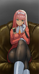 Rule 34 | 1girl, black pantyhose, breasts, closed mouth, crossed legs, darling in the franxx, flasso, green eyes, hairband, highres, horns, long hair, looking at viewer, pantyhose, pink hair, red horns, sitting, smile, solo, uniform, white hairband, zero two (darling in the franxx)