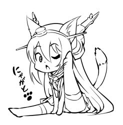 Rule 34 | 10s, 1girl, animal ears, cat ears, cat tail, chibi, greyscale, hairband, headgear, kantai collection, kemonomimi mode, leg up, long hair, monochrome, nagato (kancolle), one eye closed, open mouth, pleated skirt, scratching, sidelocks, sitting, skirt, solo, tail, thighhighs, v arms, very long hair, wink, yamato nadeshiko