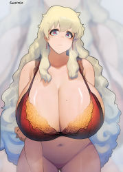 Rule 34 | + +, 1girl, alternate breast size, arm under breasts, blue eyes, blue hair, bottomless, bra, breasts, cleavage, cross-shaped pupils, earrings, english text, highres, huge breasts, jewelry, long hair, looking at viewer, mmmmmkun, nia teppelin, plump, pussy, simple background, solo, standing, symbol-shaped pupils, tengen toppa gurren lagann, underwear, underwear only