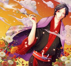 Rule 34 | 10s, 1boy, bad id, bad pixiv id, black hair, blue eyes, closed mouth, cloud, collarbone, eyeshadow, floral print, flower, haori, holding, holding smoking pipe, hoozuki (hoozuki no reitetsu), hoozuki no reitetsu, horns, japanese clothes, juji95, leaf, long sleeves, looking away, makeup, male focus, md5 mismatch, orange flower, petals, smoking pipe, pixiv id 3258412, pointy ears, red flower, short hair, single horn, sky, smoking, solo, sparkle, white flower, wide sleeves, yellow flower