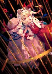 Rule 34 | 2girls, adapted costume, bat wings, birdcage, black background, blonde hair, blood, blue hair, blurry, blurry background, blurry foreground, broken, cage, choker, clothing cutout, collar, collarbone, commentary request, crystal, dress, fang, fingernails, flandre scarlet, floating hair, flower, flower neckwear, flower ornament, frilled collar, frilled cuffs, frilled dress, frilled shirt collar, frilled sleeves, frills, gensou aporo, hair between eyes, hair intakes, half-closed eyes, hand on another&#039;s chin, hand on another&#039;s head, hand on another&#039;s shoulder, hand to own mouth, hands up, hat, hat ribbon, heads together, leaning forward, leaning on person, leaning to the side, light particles, lips, long fingernails, looking at viewer, mob cap, multiple girls, nail polish, neck ribbon, one side up, open mouth, out of frame, parted bangs, parted lips, pink dress, pink headwear, popped collar, puffy short sleeves, puffy sleeves, red choker, red dress, red eyes, red flower, red nails, red ribbon, red rose, remilia scarlet, ribbon, rose, scoop neck, shirt, short hair, short hair with long locks, short sleeves, shoulder cutout, siblings, sidelocks, sisters, skirt hold, teeth, tongue, tongue out, touhou, white headwear, white shirt, wings, wrist cuffs