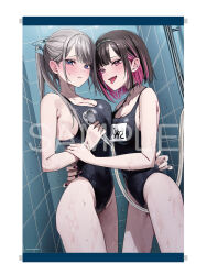 Rule 34 | 2girls, asymmetrical docking, black choker, black hair, black hairband, black nails, black one-piece swimsuit, blue eyes, blush, breast press, breasts, character name, chigusa minori, choker, cleavage, collarbone, colored inner hair, commentary request, grey hair, hairband, hand on another&#039;s waist, highres, holding, holding shower head, large breasts, long hair, medium breasts, multicolored hair, multiple girls, nail polish, official art, one-piece swimsuit, open mouth, parted lips, pink hair, ponytail, purple eyes, purple nails, sample watermark, saotome shino (shino to ren), second-party source, shino to ren, shirayuki ren, short hair, shower head, sweatdrop, swimsuit, tongue, tongue out, watermark, wet, yuri