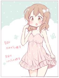 Rule 34 | 1girl, :o, blush, border, bow, brown hair, clenched hand, dress, fang, female focus, floral print, frills, green eyes, hair bow, nightgown, original, saku usako (rabbit), sketch, skirt hold, solo, white background, white bow