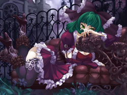 Rule 34 | 1girl, ankle garter, black footwear, black thighhighs, bow, breasts, buckle, building, cleavage, corset, couch, covered mouth, detached sleeves, dress, feet up, fence, fingernails, fleur-de-lis, flower, flower request, frilled dress, frills, goth fashion, green eyes, green hair, hair bow, high heels, hip focus, ironwork, large breasts, looking at viewer, lying, matching hair/eyes, nail polish, on couch, on stomach, orange nails, original, outdoors, plant, puffy short sleeves, puffy sleeves, purple dress, red nails, shoes, short dress, short sleeves, solo, thighhighs, torigoe takumi, tsurime, zettai ryouiki