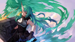 Rule 34 | 0qianben0, 1girl, arknights, armor, bare shoulders, black gloves, black pants, breastplate, breasts, cowboy shot, fire, gloves, green eyes, green hair, hair between eyes, highres, holding, holding shield, horns, hoshiguma (arknights), large breasts, long hair, looking at viewer, oni, open mouth, pants, parted lips, shield, single horn, skin-covered horns, sleeveless, solo, turtleneck