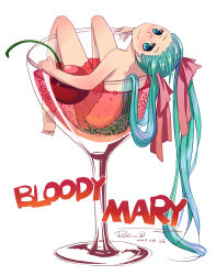 Rule 34 | 1girl, aqua eyes, aqua hair, cherry, cocktail, dated, drink, english text, food, fruit, glass, hair ribbon, hatsune miku, head tilt, highres, in food, long hair, mini person, minigirl, nude, ribbon, rutiwa, simple background, smile, solo, twintails, very long hair, vocaloid, white background