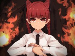 Rule 34 | 1girl, animal ear fluff, animal ears, blunt bangs, braid, cat ears, chainsaw man, closed mouth, collared shirt, commentary, cosplay, extra ears, fire, hands up, highres, kaenbyou rin, long sleeves, looking at viewer, makima (chainsaw man), makima (chainsaw man) (cosplay), own hands together, pointy ears, red eyes, red hair, ringed eyes, senzaicha kasukadoki, shirt, sleeve cuffs, smile, solo, touhou, twin braids, upper body, white shirt