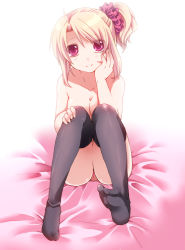 1girl asymmetrical_hair black_thighhighs blonde_hair breasts feet female_focus nude original pussy red_eyes shinolion short_hair side_ponytail sitting solo takitsume_shino thighhighs uncensored