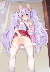 Rule 34 | 1girl, aimee (emi), ass, azur lane, bare shoulders, blush, breasts, censored, clothes lift, female masturbation, groping, hairband, has bad revision, has cropped revision, highres, laffey (azur lane), long hair, masturbation, md5 mismatch, nipples, off shoulder, open mouth, purple eyes, purple hair, pussy, pussy juice, resolution mismatch, skirt, skirt lift, solo, source smaller, thighhighs, twintails, very long hair, white-framed eyewear