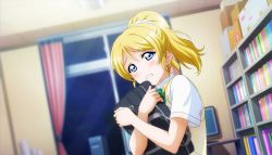 Rule 34 | 1girl, artist request, ayase eli, bag, blonde hair, blue eyes, blue skirt, blush, book, bookshelf, bow, bowtie, breasts, collared shirt, computer, computer tower, female focus, green bow, hair between eyes, hair ornament, hair scrunchie, holding, holding bag, indoors, long hair, long sleeves, looking at viewer, love live!, love live! school idol project, otonokizaka school uniform, parted lips, ponytail, school bag, school uniform, scrunchie, shirt, short sleeves, skirt, smile, solo, striped, striped bow, sweater vest, vest, white scrunchie, white shirt, window, yellow vest