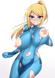 Rule 34 | 1girl, absurdres, angry, blonde hair, blue eyes, blush, bodysuit, breasts, clenched teeth, commission, eyes visible through hair, gradient background, highres, large breasts, long hair, looking at viewer, metroid, mistynight, mole, mole under mouth, navel, nintendo, nipples, parted lips, pixiv commission, ponytail, samus aran, simple background, solo, standing, teeth, torn bodysuit, torn clothes, unaligned breasts, zero suit