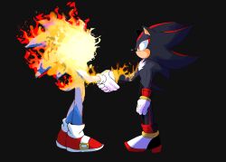 Rule 34 | 2boys, animal ears, animal nose, burning, fire, from side, full body, furry, furry male, gloves, handshake, highres, looking at another, male focus, multiple boys, noxbw, red eyes, red footwear, shadow the hedgehog, shoes, sonic (series), sonic the hedgehog, standing, tail, white gloves