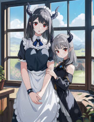 Rule 34 | 2girls, apron, arm hug, black hair, blurry, blush, bokeh, bracelet, child, cloud, demon girl, demon horns, depth of field, detached sleeves, dress, fantasy, head tilt, hiding, hiding behind another, hill, horizon, horns, house, indoors, jewelry, long hair, looking at viewer, maid, maid apron, maid headdress, multiple girls, neck ribbon, open mouth, original, plant, pointy ears, potted plant, protecting, red eyes, ribbon, sky, window, yoshitake