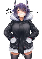 Rule 34 | 1girl, black jacket, black thighhighs, breasts, closed eyes, eyepatch, fur-trimmed jacket, fur trim, hands in pocket, headgear, high-waist skirt, highres, jacket, kantai collection, large breasts, purple hair, simple background, skirt, smile, solo, tenryuu (kancolle), tenryuu kai ni (kancolle), thighhighs, white background, zombie mogura
