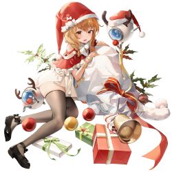 Rule 34 | 1girl, antlers, bare shoulders, bell, black bow, black footwear, black thighhighs, blush, bow, braid, capelet, child, choyeon, christmas ornaments, deer antlers, dress, drone, dutch girl (last origin), fake antlers, fake nose, floating, footwear bow, frilled capelet, frills, full body, fur-trimmed headwear, fur trim, gem, gift, green ribbon, hat, hat bow, heart pendant, highres, horns, last origin, layered capelet, looking at viewer, lying, mary janes, mistletoe, official alternate costume, official art, on side, open mouth, orange eyes, orange hair, pom pom (clothes), red capelet, red gemstone, red hat, red nose, red ribbon, ribbon, sack, santa hat, scarf, shoes, short braid, short dress, short hair, simple background, sitting, smile, solo, tachi-e, thick thighs, thighhighs, thighs, third-party source, transparent background, twin braids, white bow, white dress, white scarf, yellow ribbon, yokozuwari, zettai ryouiki