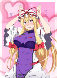 Rule 34 | 1girl, absurdres, blonde hair, blush, bow, breasts, cowboy shot, dress, hair bow, hat, hat ribbon, heart, heart background, highres, huge breasts, kyoukyan, long hair, long sleeves, mob cap, open mouth, paw pose, pink background, purple eyes, ribbon, sidelocks, sleeves rolled up, solo, sparkle background, sweatdrop, tabard, touhou, very long hair, wavy mouth, white dress, wide sleeves, yakumo yukari