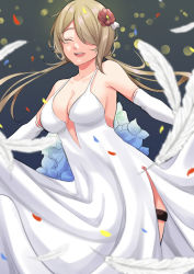 Rule 34 | 1girl, :d, absurdres, bare shoulders, breasts, brown hair, cleavage, closed eyes, dress, elbow gloves, feathers, flower, gloves, haerge, hair flower, hair ornament, hair over one eye, highres, honkai (series), honkai impact 3rd, long hair, mole, mole under eye, open mouth, petals, red flower, red rose, rita rossweisse, rose, smile, solo, twintails, wedding dress, white dress, white gloves