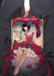 Rule 34 | 1girl, barefoot, black hair, bob cut, box, bug, butterfly, closed eyes, dress, facing viewer, full body, highres, insect, mallllma, original, parted lips, patterned background, pink dress, short hair, sitting, sleeveless, sleeveless dress, solo, valentine