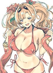 Rule 34 | 1girl, bikini, blonde hair, blue eyes, blush, breasts, commentary request, covered erect nipples, eyewear on head, flower, gorirago, granblue fantasy, hair flower, hair ornament, highres, large breasts, looking at viewer, medium hair, o-ring, o-ring bikini, o-ring top, open mouth, red bikini, red flower, side-tie bikini bottom, simple background, smile, solo, sunglasses, swimsuit, thighs, twintails, white background, zeta (granblue fantasy), zeta (summer) (granblue fantasy)