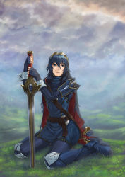 Rule 34 | 1girl, armor, bad id, bad pixiv id, belt, blue dress, blue eyes, blue hair, cape, cloud, cloudy sky, dress, elbow gloves, field, fingerless gloves, fire emblem, fire emblem awakening, gloves, goma (goma-folio), grass, greaves, hair between eyes, kneeling, light frown, long hair, looking afar, lucina (fire emblem), matching hair/eyes, nintendo, on ground, outdoors, parted lips, pauldrons, planted, planted sword, planted weapon, sheath, shoulder armor, sitting, sky, solo, sunlight, sword, sword plant, tiara, wariza, weapon, wet, wet hair