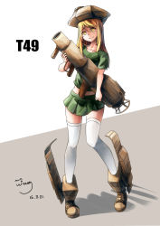 Rule 34 | 1girl, blonde hair, boots, character name, dated, helmet, highres, m1 bazooka, midriff, military, military vehicle, miniskirt, motor vehicle, original, rocket launcher, signature, skirt, smile, solo, t49 light tank, tank, thighhighs, vehicle, weapon, wing (4486066), world of tanks, yellow eyes
