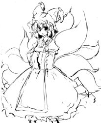 Rule 34 | 1girl, animal ears, animal hat, bad id, bad pixiv id, female focus, fox tail, greyscale, hands in opposite sleeves, hat, long hair, looking at viewer, monochrome, multiple tails, mob cap, smile, solo, tail, touhou, yakumo ran, yu-ves