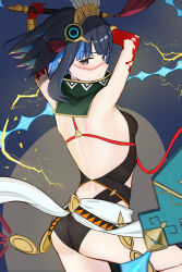 Rule 34 | 1girl, absurdres, arms up, ass, back, bare shoulders, black hair, black leotard, blood, blood on hands, blue hair, bracer, breasts, colored inner hair, detached collar, electricity, facepaint, fate/grand order, fate (series), feathers, grey eyes, halterneck, headdress, high collar, highres, leotard, looking at viewer, looking back, multicolored hair, sash, short hair, sidelocks, small breasts, solo, tassel, tenochtitlan (fate), tenochtitlan (first ascension) (fate), thighs, uriuriyukitti, whip