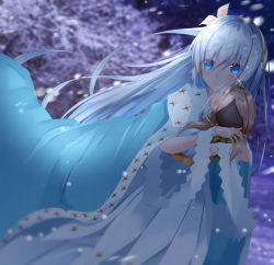 Rule 34 | 1girl, absurdres, anastasia (fate), blue cloak, blue eyes, blurry, blurry background, blush, brown hairband, cloak, commentary request, crown, depth of field, dress, fate/grand order, fate (series), hair over one eye, hairband, highres, long hair, mini crown, hugging object, parted lips, royal robe, silver hair, solo, suisen-21, very long hair, white dress