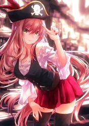 Rule 34 | 1girl, bare shoulders, belt, black thighhighs, black vest, blurry, blurry background, brown hair, commentary, commentary request, contrapposto, cowboy shot, doki doki literature club, green eyes, hair between eyes, hair down, hand on own thigh, hat, hat feather, index finger raised, long hair, looking at viewer, monika (doki doki literature club), nail polish, niim, off-shoulder shirt, off shoulder, pirate costume, pirate hat, red nails, red skirt, shirt, skirt, skull and crossbones, smile, solo, thighhighs, very long hair, vest, white shirt, zettai ryouiki