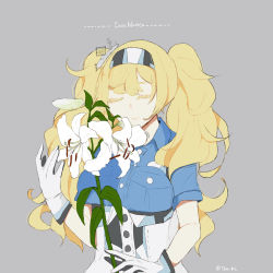 Rule 34 | 1girl, blonde hair, blue shirt, breast pocket, buttons, closed eyes, closed mouth, collared shirt, colored eyelashes, commentary request, eyelashes, flower, gambier bay (kancolle), gloves, grey background, hair between eyes, hairband, highres, holding, holding flower, kantai collection, lily (flower), multicolored clothes, multicolored gloves, pocket, shirt, short sleeves, simple background, solo, title, tokiwa (tkw kc), twintails, twitter username