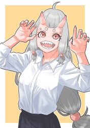 Rule 34 | 1girl, ahoge, arms up, black skirt, brown eyes, character request, claw pose, grey hair, highres, horns, long hair, looking at viewer, low-tied long hair, low-tied sidelocks, monster girl, no nose, oni horns, open mouth, original, otu 025, pink nails, sharp teeth, shirt, sidelocks, skirt, smile, teeth, upper body, white shirt