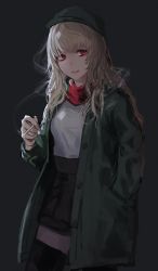 Rule 34 | 1girl, bad id, bad twitter id, black skirt, blonde hair, cigarette, commentary request, green jacket, grey background, hand in pocket, hand up, hat, high-waist skirt, highres, holding, jacket, long hair, long sleeves, looking at viewer, original, parted lips, red eyes, red scarf, scarf, shiroi suzume, shirt, skirt, smile, smoke, solo, thighhighs, white shirt