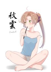 Rule 34 | 1girl, absurdres, akigumo (kancolle), aqua camisole, bare shoulders, barefoot, blue camisole, brown hair, camisole, casual, character name, green eyes, highres, indian style, kantai collection, long hair, looking to the side, panties, ponytail, sakurai nana (moshichi), simple background, sitting, solo, strap slip, stylus, twitter username, underwear, underwear only, white background, white panties