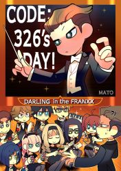 Rule 34 | 10s, 5boys, 5girls, :&lt;, :3, ahoge, alternate hairstyle, artist name, conductor baton, bell, black dress, blue eyes, braid, bright pupils, castanets, character name, commentary, conductor, copyright name, darling in the franxx, dress, drum, fake horns, flute, formal, futoshi (darling in the franxx), gorou (darling in the franxx), green eyes, grey eyes, hair over one eye, hairband, hiro (darling in the franxx), holding flute, holding instrument, horned headwear, horns, ichigo (darling in the franxx), ikuno (darling in the franxx), instrument, jingle bell, keyboard (instrument), kokoro (darling in the franxx), long hair, mato (mozu hayanie), melodica, miku (darling in the franxx), mitsuru (darling in the franxx), multiple boys, multiple girls, music, no mouth, number pun, playing instrument, purple eyes, recorder, short hair, single braid, sitting, sparkle, stage, sweat, tambourine, triangle, tuxedo, twintails, wood scraper block, zero two (darling in the franxx), zorome (darling in the franxx)