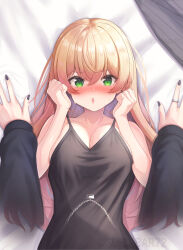 Rule 34 | 2girls, absurdres, black nails, black shirt, blonde hair, breasts, cleavage, female pov, fingernails, green eyes, highres, hiodoshi ao, hololive, hololive dev is, jewelry, large breasts, long hair, looking at viewer, momosuzu nene, multiple girls, nail polish, necklace, open mouth, pov, ring, shirt, suicabar72, virtual youtuber, yuri