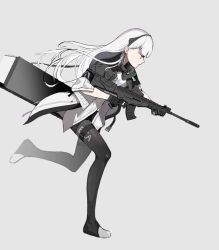 Rule 34 | 1girl, ak-alfa, ak-alfa (girls&#039; frontline), black gloves, closed mouth, earrings, girls&#039; frontline, gloves, grey background, gun, hair ribbon, hand on weapon, highres, holding, holding weapon, jacket, jewelry, kimozzz, long hair, looking down, pants, profile, ribbon, rifle, running, silver hair, solo, thighhighs, weapon, weapon case, yellow eyes