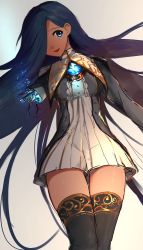 Rule 34 | 1girl, :d, absurdres, black jacket, black thighhighs, blue eyes, blue hair, broken arm, chest jewel, copyright request, cowboy shot, dress, grey background, hair over one eye, highres, hoojiro, jacket, legs together, long hair, long sleeves, looking at viewer, mechanical parts, one eye covered, open mouth, robot, short dress, simple background, smile, solo, standing, thigh strap, thighhighs, very long hair, white dress