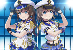 Rule 34 | &gt;:), 2girls, aiguillette, anchor necklace, anchor symbol, arm up, black gloves, blue eyes, blue skirt, brown hair, choker, clenched hand, closed mouth, cowboy shot, cropped jacket, determined, earrings, epaulettes, eyelashes, fringe trim, gloves, hair ornament, hairclip, half gloves, hat, highres, in-franchise crossover, jacket, jewelry, light blush, lipstick, looking at viewer, love live!, love live! nijigasaki high school idol club, love live! school idol festival all stars, love live! sunshine!!, makeup, multiple girls, necklace, nib pen (medium), oitsuki (getsumen diver), osaka shizuku, overskirt, sailor hat, short sleeves, skirt, smile, star (symbol), star hair ornament, suspenders, traditional media, uniform, upper body, v-shaped eyebrows, watanabe you, white jacket