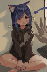 Rule 34 | 1boy, 1girl, animal ear fluff, animal ears, bare legs, barefoot, black hair, black hoodie, black panties, blue hair, blue nails, blush, cable, cat ears, commentary request, drawstring, drooling, hair over one eye, highres, hood, hood down, hoodie, keyboard (computer), mimikaki (men bow), monitor, multicolored hair, nail polish, offscreen person, open mouth, original, panties, red eyes, saliva, sitting, solo focus, sparkle, streaked hair, underwear