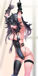 Rule 34 | 1girl, abyssal ship, arms up, bdsm, black gloves, black hair, black one-piece swimsuit, black thighhighs, blindfold, bondage, bound, bound wrists, breasts, covered navel, effort star, gloves, highres, horns, kantai collection, light cruiser princess, long hair, medium breasts, one-piece swimsuit, open mouth, parted bangs, restrained, rope, single thighhigh, solo, standing, swimsuit, thigh strap, thighhighs, tongue, tongue out