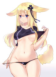 Rule 34 | 1girl, animal ear fluff, animal ears, black panties, black shirt, blonde hair, blue eyes, blush, breasts, closed mouth, clothes lift, collarbone, convenient censoring, fox ears, fox tail, gradient background, groin, hair between eyes, hair censor, hair ornament, hair over breasts, hair over one breast, highres, itsumi mita, large breasts, lifting own clothes, long hair, looking at viewer, navel, no bra, original, panties, panty pull, shirt, shirt lift, short sleeves, simple background, sketch, solo, standing, string panties, tail, thigh gap, underwear