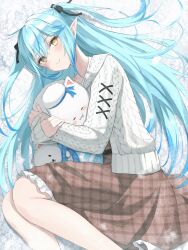 Rule 34 | 1girl, :3, = =, absurdres, ahoge, animal, animal hug, black ribbon, blue hair, blush, brown skirt, cardigan, closed mouth, colored tips, commentary, daifuku (yukihana lamy), elf, frilled skirt, frills, from above, hair between eyes, hair ribbon, heart, heart ahoge, highres, hololive, hug, long hair, long sleeves, looking at viewer, lying, medium skirt, multicolored hair, norio (noriosub), official alternate costume, on side, plaid, plaid skirt, pointy ears, ribbon, skirt, smile, snow, streaked hair, two side up, very long hair, virtual youtuber, white cardigan, yellow eyes, yukihana lamy, yukihana lamy (casual), yukimin (yukihana lamy)