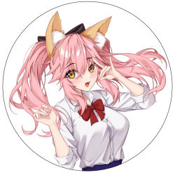 Rule 34 | 1girl, absurdres, animal ear fluff, animal ears, black ribbon, blush, breasts, casual, fang, fate/grand order, fate (series), fox ears, fox girl, fox shadow puppet, hair ribbon, highres, large breasts, mergerri, nail polish, open mouth, pink hair, pink nails, ribbon, simple background, skin fang, solo, split ponytail, tamamo (fate), tamamo no mae (fate/extra), twintails, upper body, white background, yellow eyes