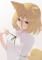 Rule 34 | 1girl, animal ear fluff, animal ears, blonde hair, blurry, breasts, commentary request, depth of field, eyes visible through hair, fox ears, fox tail, hair between eyes, highres, kanpa (campagne 9), kudamaki tsukasa, light blush, light smile, looking at viewer, romper, short hair, simple background, small breasts, solo, tail, touhou, upper body, white background, yellow eyes